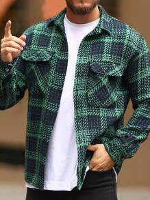 Manfinity Homme Men Plaid Print Flap Pocket Shacket - Green - View 3