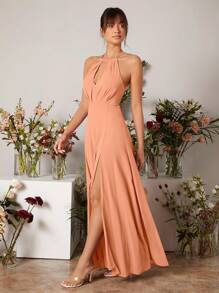 SHEIN Belle Cut Out Front Split Thigh Halter Neck Backless Bridesmaid Dress Elegant Wedding Bridal Dress