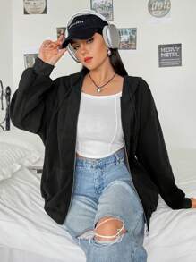 SHEIN EZwear Plus Zip Up Drop Shoulder Hooded Jacket - Black - View 4