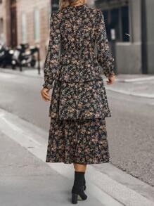 SHEIN Clasi 波西米亞揉皺 多層分層花卉印花 全身印花女士連衣裙 - 黑色 - 查看 2