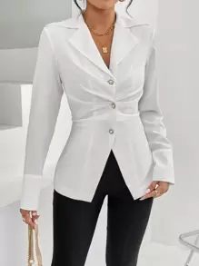 SHEIN Privé Lapel Neck Ruched Waist Button Front Shirt - White - View 3