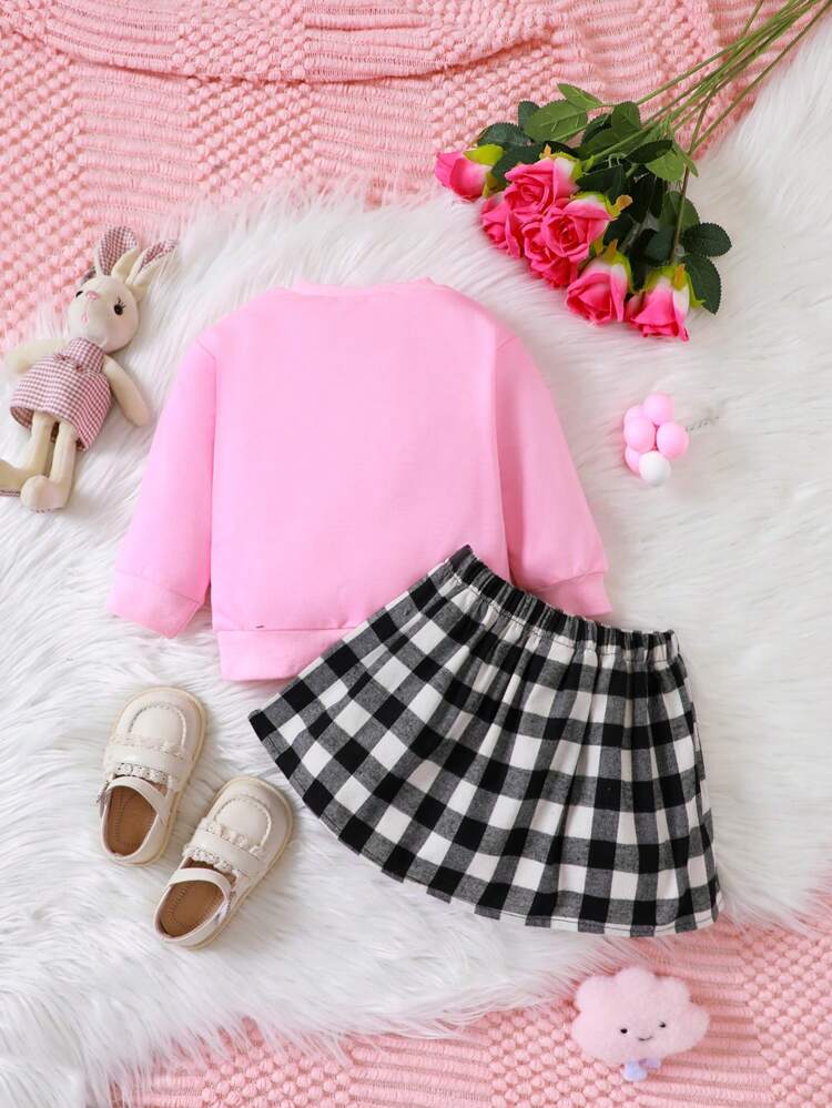 Baby Girl Cartoon Graphic Sweatshirt & Gingham Print Skirt