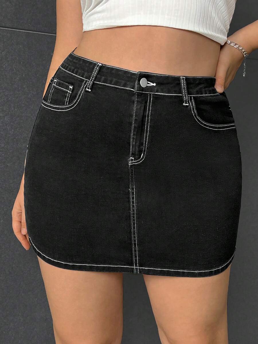 SHEIN EZwear Plus High Waist Top-stitching Denim Skirt - Black - View 1