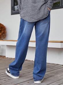 Manfinity EMRG 男士破洞直筒牛仔褲 - 中等水洗藍 - 查看 2