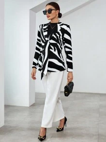 SHEIN Privé Allover Print Knot Front Blazer - Black and White - View 6