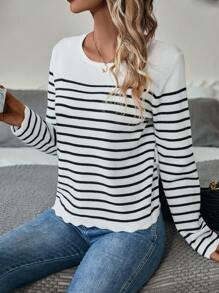 SHEIN LUNE Striped Pattern Scallop Trim Sweater,Long Sleeve Tops Knit Pullover Fall Winter Sweater - Black and White - View 2