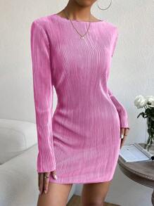SHEIN EZwear 素色木耳邊緊身洋裝 - 粉色 - 查看 3