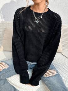 SHEIN Unity 素色落肩袖網眼針織套頭毛衣 - 黑色 - 查看 5