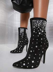 Faux Suede Được trang sức Chi tiết Dao găm nhỏ Gót chân Giày ống Ngắn - màu đen - Xem 1