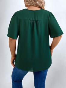 SHEIN LUNE Plus Butterfly Sleeve Button Detail Blouse - Dark Green - View 2