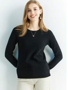 100% 美麗諾羊毛女式毛衣柔軟保暖輕便圓領套頭衫 - 黑色 - 查看 3