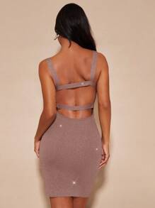 SHEIN BAE Cắt ra Không lưng Đầm Áo len - Màu Khaki - Xem 2