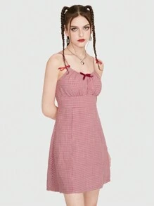 ROMWE Kawaii Đầm Nơ Bướm Dây kéo Nếp gấp Phần Ngực Kẻ sọc Giải trí - Đỏ và trắng - Xem 4