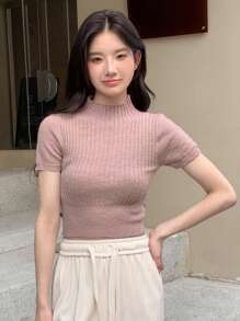 DAZY Top de cuello alto tejido de canalé - Rosa - Ver 3