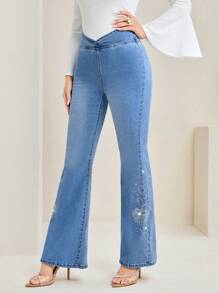 Mulvari Rhinestone Floral Pattern Flare Leg Jeans - Light Wash - View 1