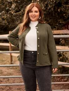 EMERY ROSE 大碼翻蓋口袋前紐扣夾克 - 軍綠色 - 查看 4