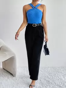 SHEIN Essnce 素色戒指連接掛脖上衣 - 寶藍色 - 查看 6