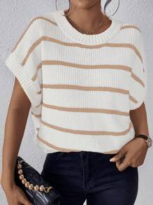 SHEIN LUNE Striped Pattern Batwing Sleeve Knit Top - Apricot - View 3