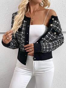 EMERY ROSE Plaid Pattern Button Front Cardigan,Long Sleeve Tops Fall Winter Cloth For Women - Black and White - View 5