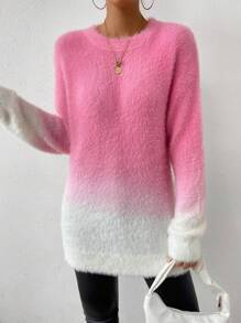 SHEIN LUNE Ombre Drop Shoulder Fluffy Knit Sweater,Long Sleeve Tops Knit Pullover Fall Winter Sweater - Multicolor - View 6