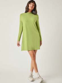 SHEIN BASICS Cổ giả Váy  thun Chất rắn - Màu xanh Ô liu - Xem 3