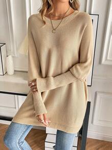 SHEIN LUNE Suéter de punto con mangas de murciélago para otoño e invierno - Caqui - Ver 3