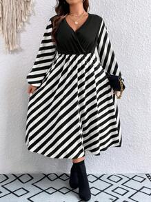 Celure 大碼條紋印花燈籠袖洋裝不附腰帶 - 黑與白 - 查看 4
