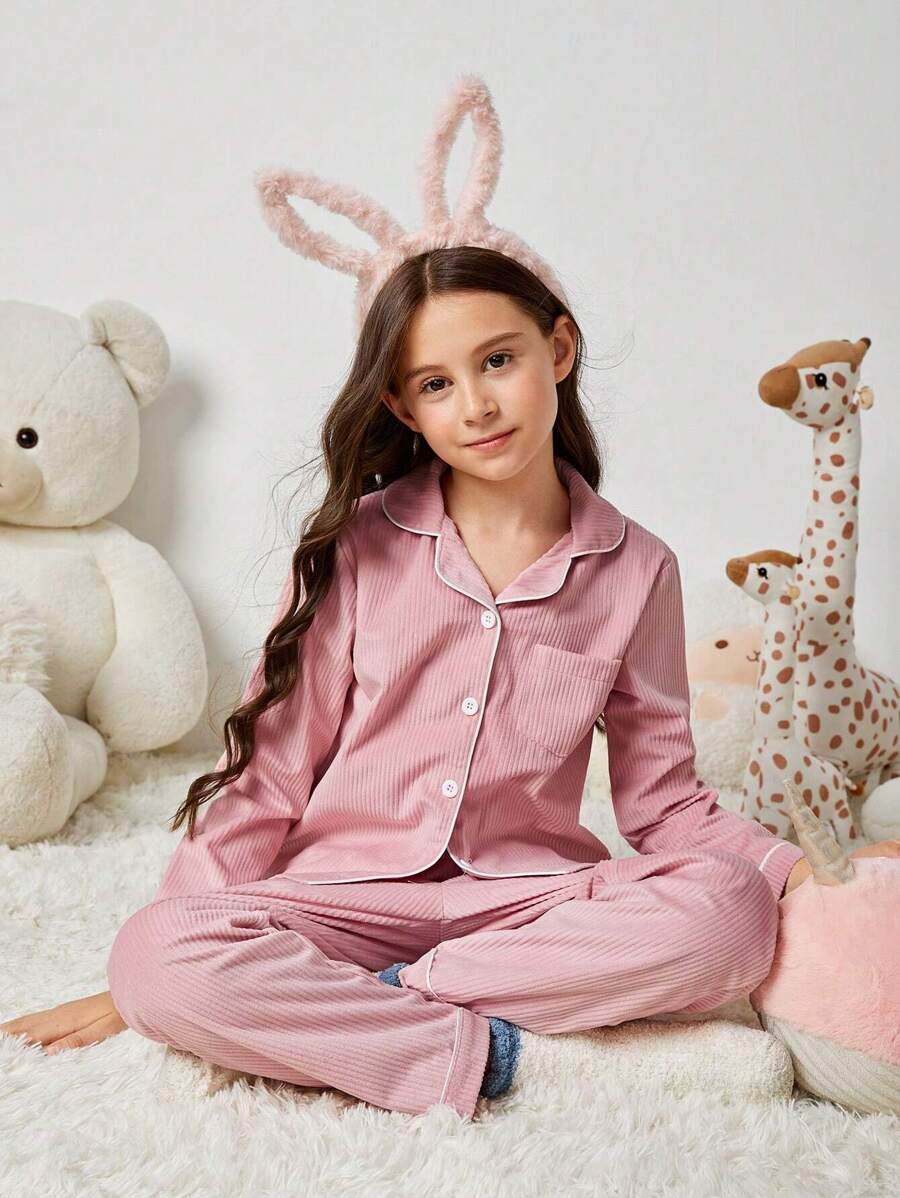 女大童拼接滾邊襯衫和褲子睡衣套裝 - 藕粉色 - 查看 1