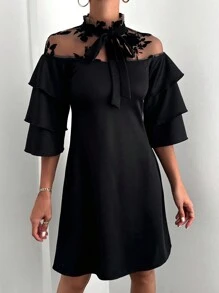 EURMUSE Contrast Mesh Tie Neck Ruffle Trim Dress - Black - View 3