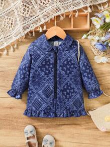 SHEIN 女嬰佩斯利絲巾圖案荷葉袖荷葉邊洋裝 - 藏蓝色 - 查看 1