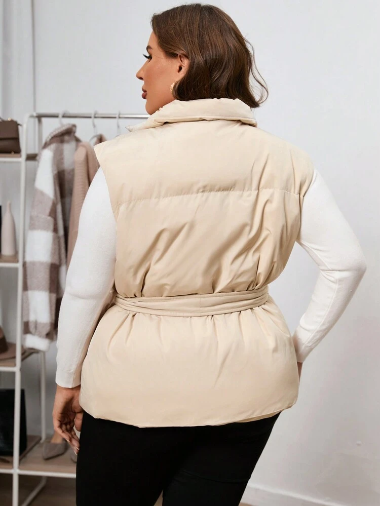 Plus Zip Up Belted Vest Padded Coat