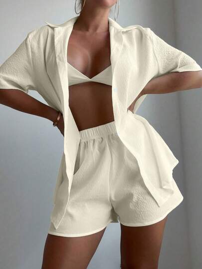 Swim Vcay Set cover up unicolor con botón delantero