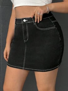 SHEIN EZwear Plus High Waist Top-stitching Denim Skirt - Black - View 5