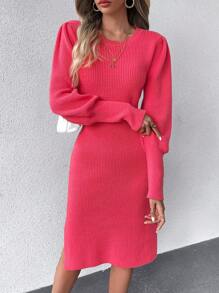 SHEIN Clasi 素色下擺開叉毛衣洋裝 - 玫紅色 - 查看 3