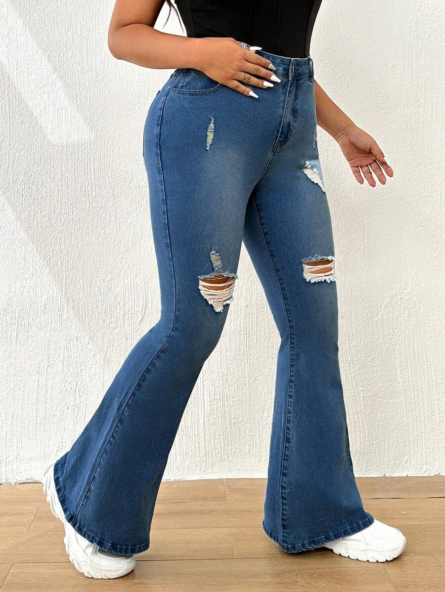 SHEIN ICON Plus Ripped Flare Leg Jeans - Medium Wash - View 1