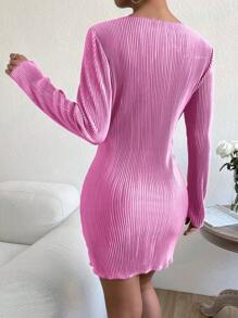 SHEIN EZwear 素色木耳邊緊身洋裝 - 粉色 - 查看 2