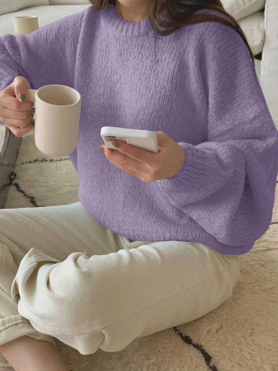 DAZY Solid Drop Shoulder Oversized Sweater,Long Sleeve Tops,Fall Clothes - Mauve Purple - View 1