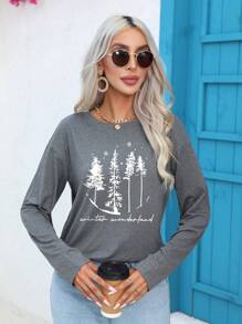 SHEIN Essnce 樹和標語圖案落肩T恤 - 淺灰色 - 查看 1
