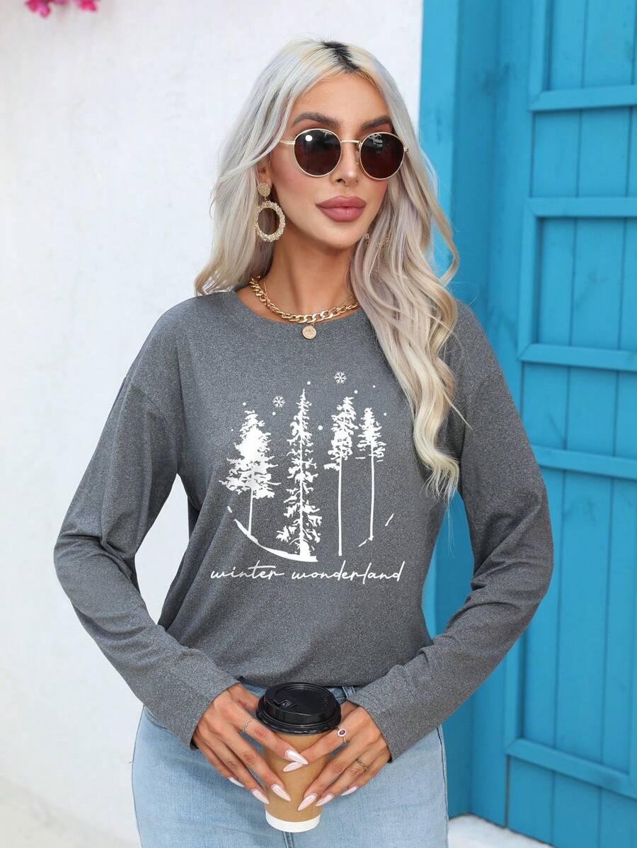 SHEIN Essnce 樹和標語圖案落肩T恤 - 淺灰色 - 查看 1