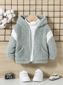 SHEIN 男嬰拼接面袋鼠口袋連帽毛絨夾克不帶T恤 - 薄荷綠 - 查看 1