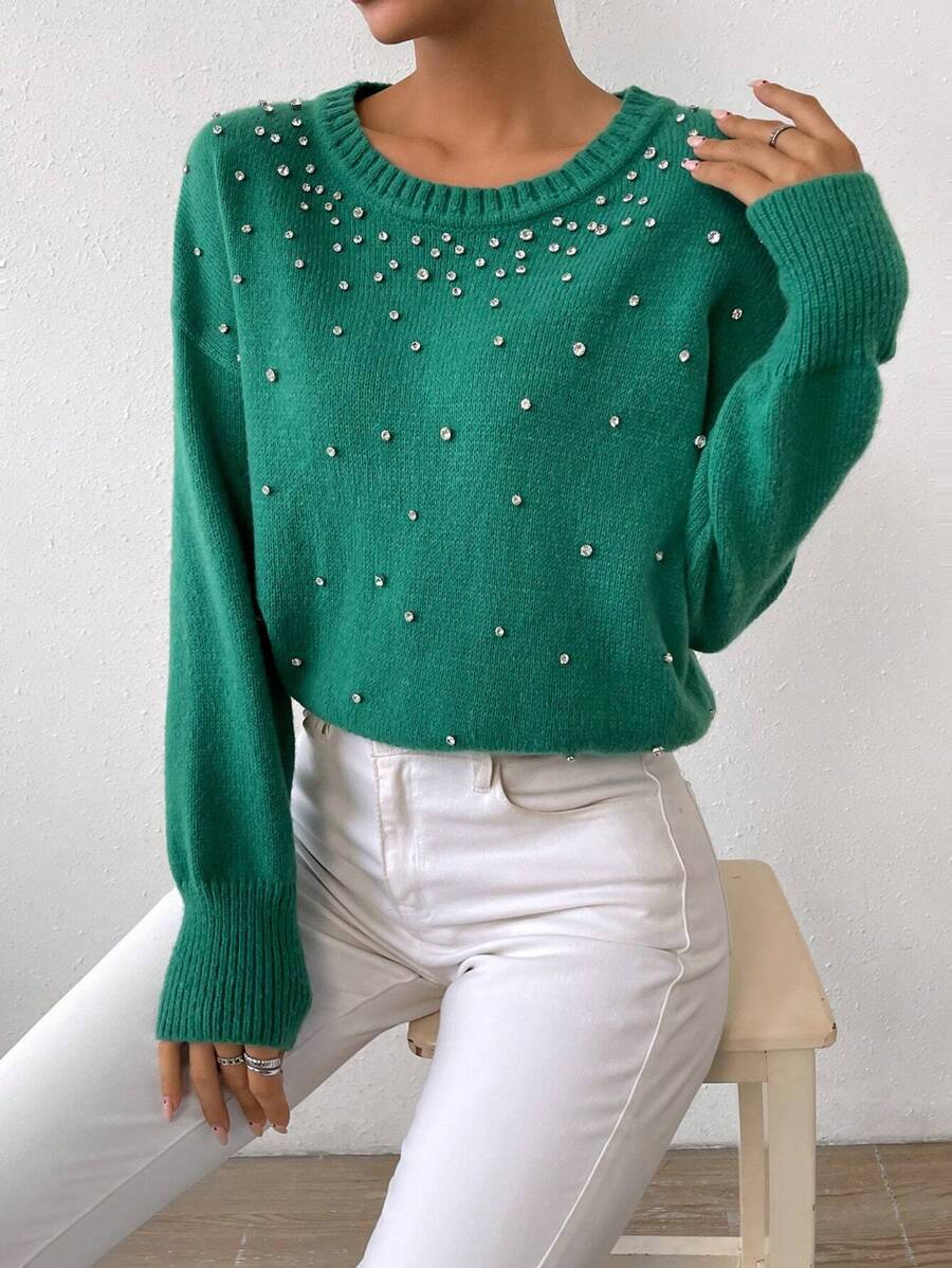 SHEIN Essnce 珍珠串珠落肩袖套頭毛衣 - 軍綠色 - 查看 1