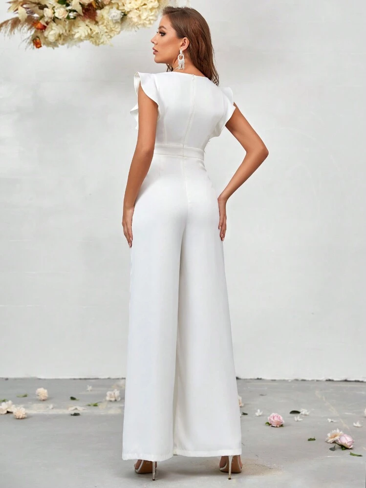 SHEIN Belle Ruffle Trim Plicated Detail Wide Leg Jumpsuit Without