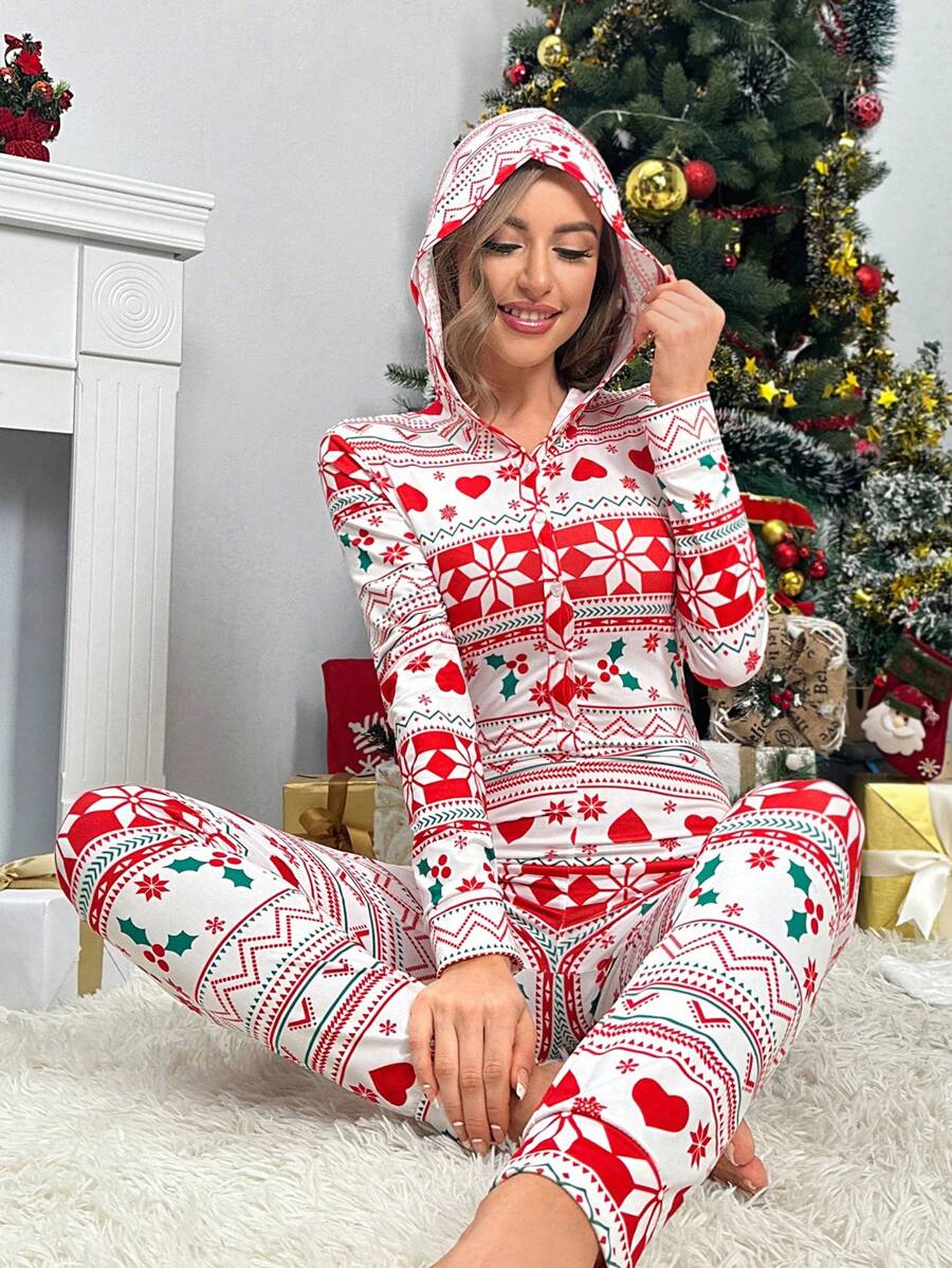 1pc Christmas Print Button Front Sleep Jumpsuit - Multicolor - View 1
