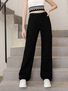 SHEIN 青少年女孩側翻蓋口袋工裝牛仔褲 - 黑色 - 查看 3