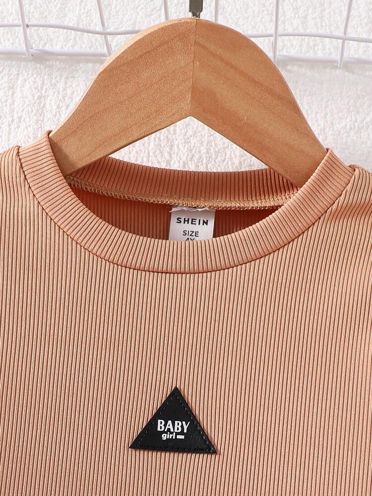 Young Girl Letter Patched Ruffle Trim Tee & Sequin Effect Skirt