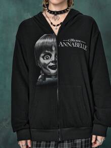 Annabelle | ROMWE Letter Figure Graphic Drop Shoulder Hoodie - Black - View 6
