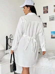 SHEIN EZwear Plus Ruched Button Front Shirt Dress - White - View 2