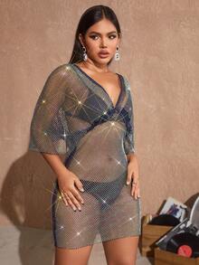 狂歡深V領水鑽鉚釘漁網網紗派對禮服不附帶內衣褲套裝 - 黑色 - 查看 5