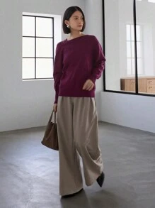 FRIFUL Solid Asymmetrical Neck Drop Shoulder Sweater,Long Sleeve Tops,Fall Clothes - Red Violet - View 10