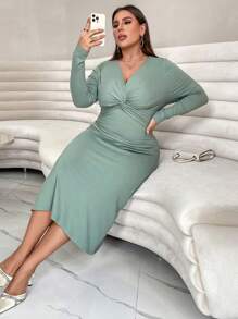 SHEIN Privé Plus Twist Front Ribbed Knit Dress - Mint Green - View 6